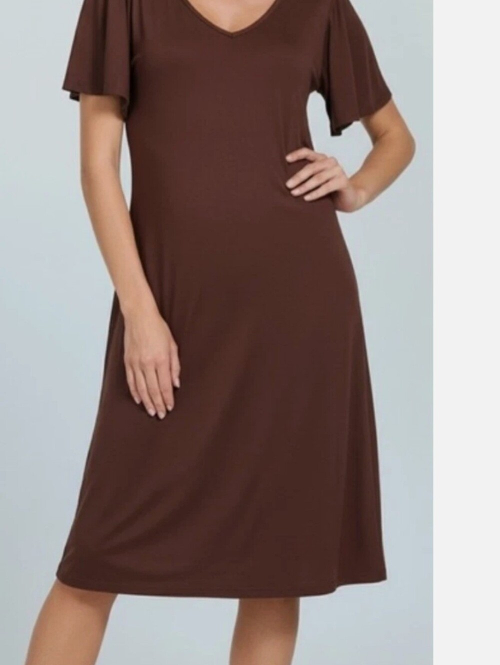 Zenana Brown Lightweight Stretchy V-Neck Flutter Sleeve Midi Dress-S,M,L,XL